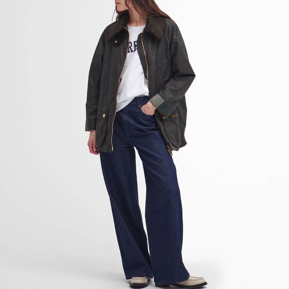 Barbour Dark Olive Waxed Cotton Jacket with Brown Cord Collar